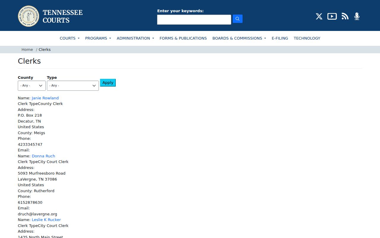 Claiborne County arrest warrants, Circuit Court Clerk directory entry