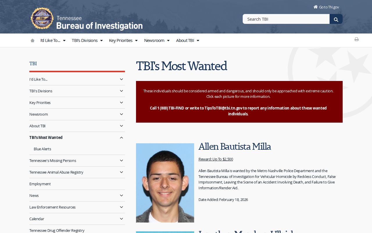 Claiborne County most wanted reference, Tennessee Bureau of Investigation program page
