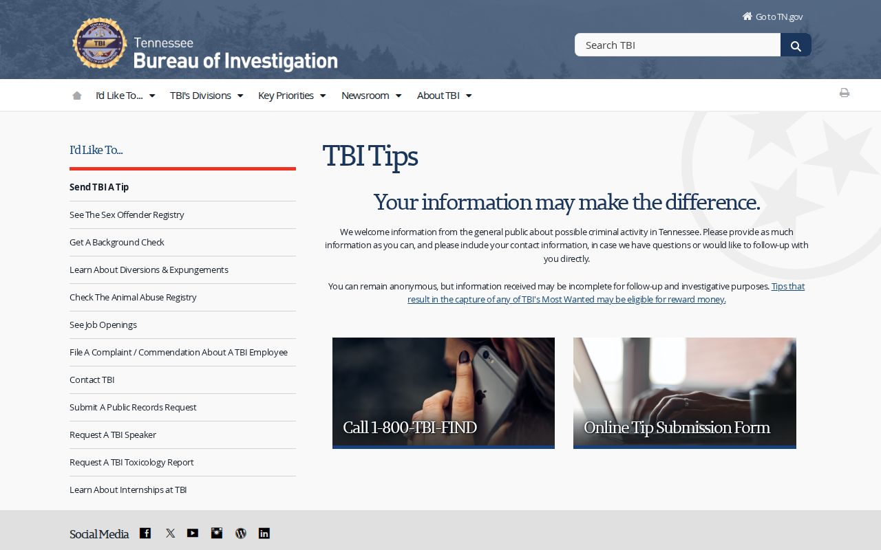 Claiborne County most wanted reference, TBI anonymous and identified tip options